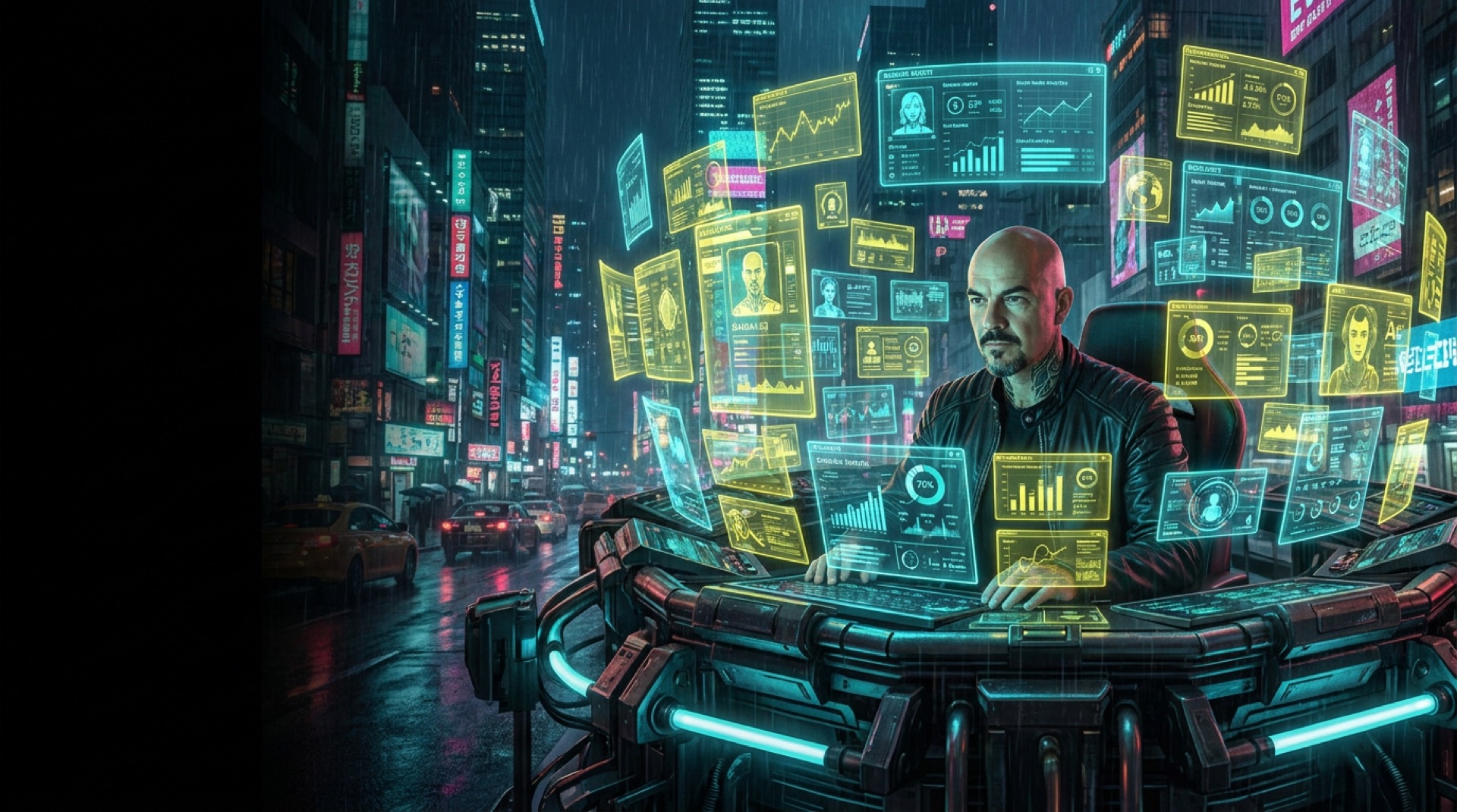 Alex G. as a solo marketing operator surrounded by 184 AI agents as holographic dashboards