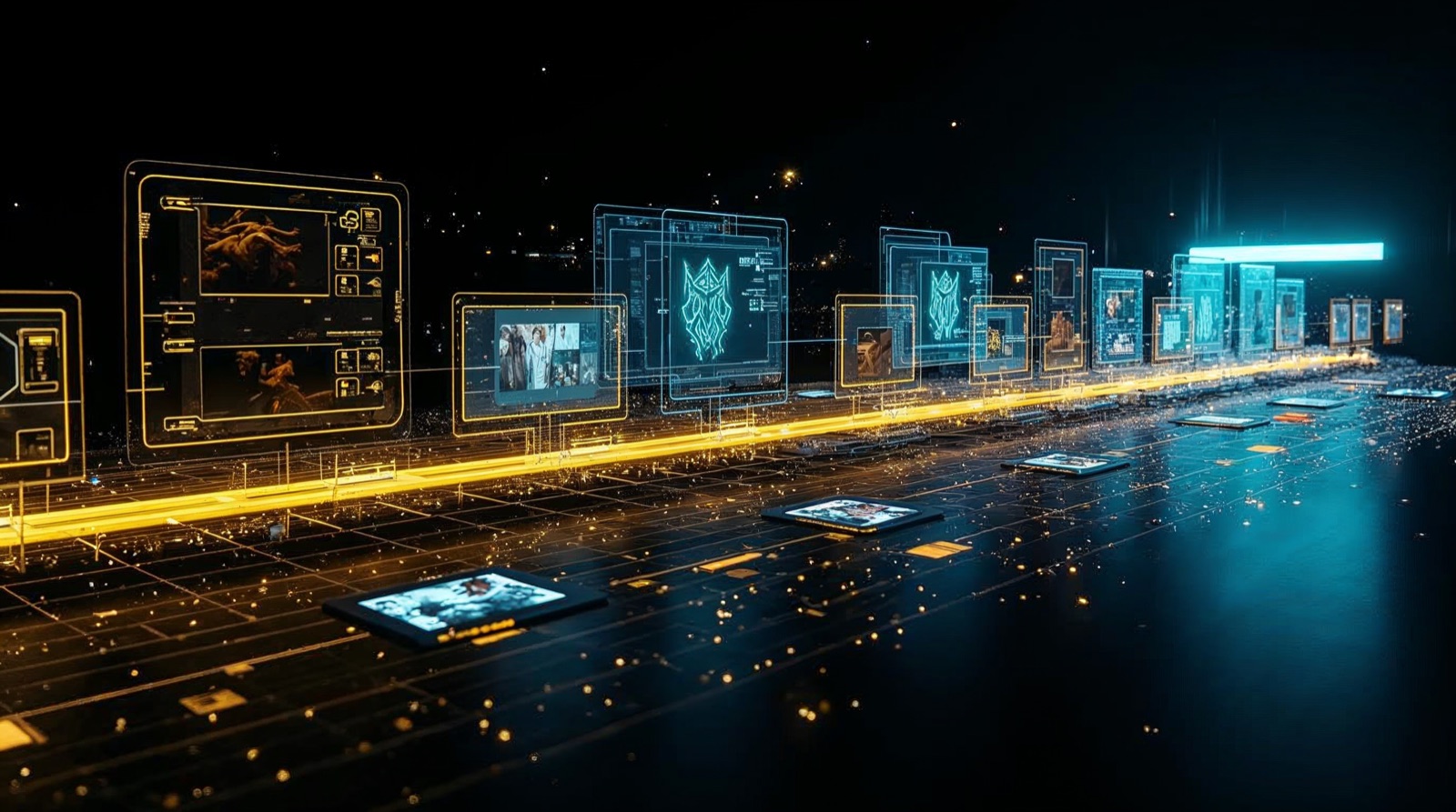 Cyberpunk illustration of an automated AI video pipeline on a conveyor belt