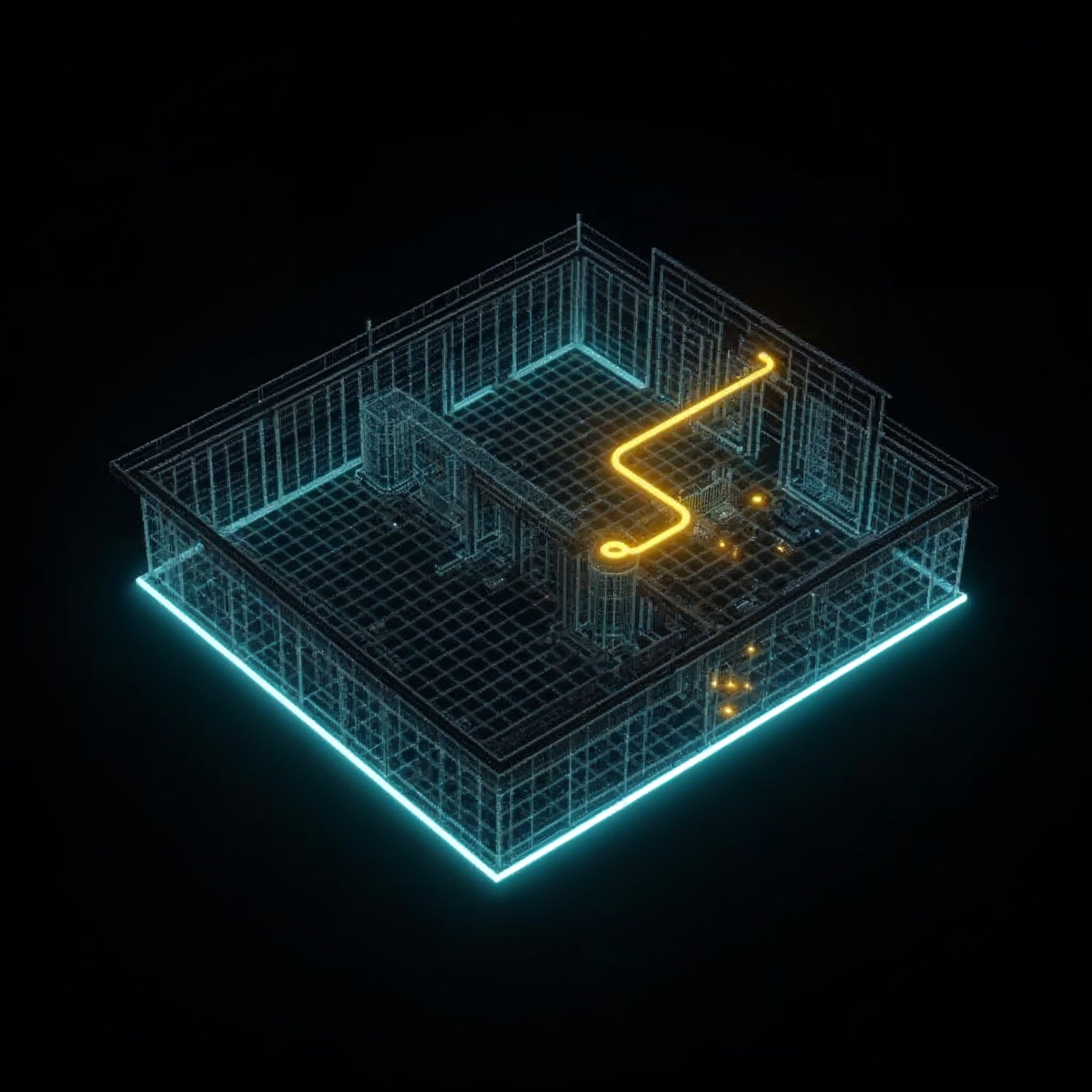 Grundriss einer Villa als leuchtender Knotengraph: Räume als verbundene Knoten (Wohnzimmer, Küche, Schlafzimmer, Bad, Pool) zu einer Route verknüpft — Visualisierung räumlicher Kontinuität