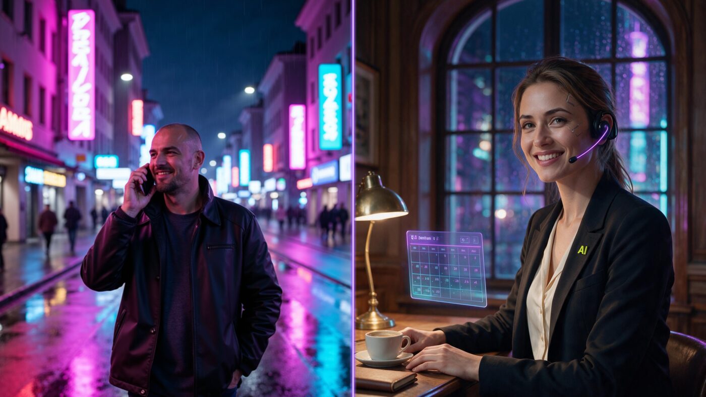 KI-generierte Illustration, zweigeteilt: links Alex unterwegs am Smartphone in der Neon-Stadt, rechts Ada L. mit Headset und gelbem AI-Abzeichen am Schreibtisch — verbunden durch eine leuchtende Datenlinie