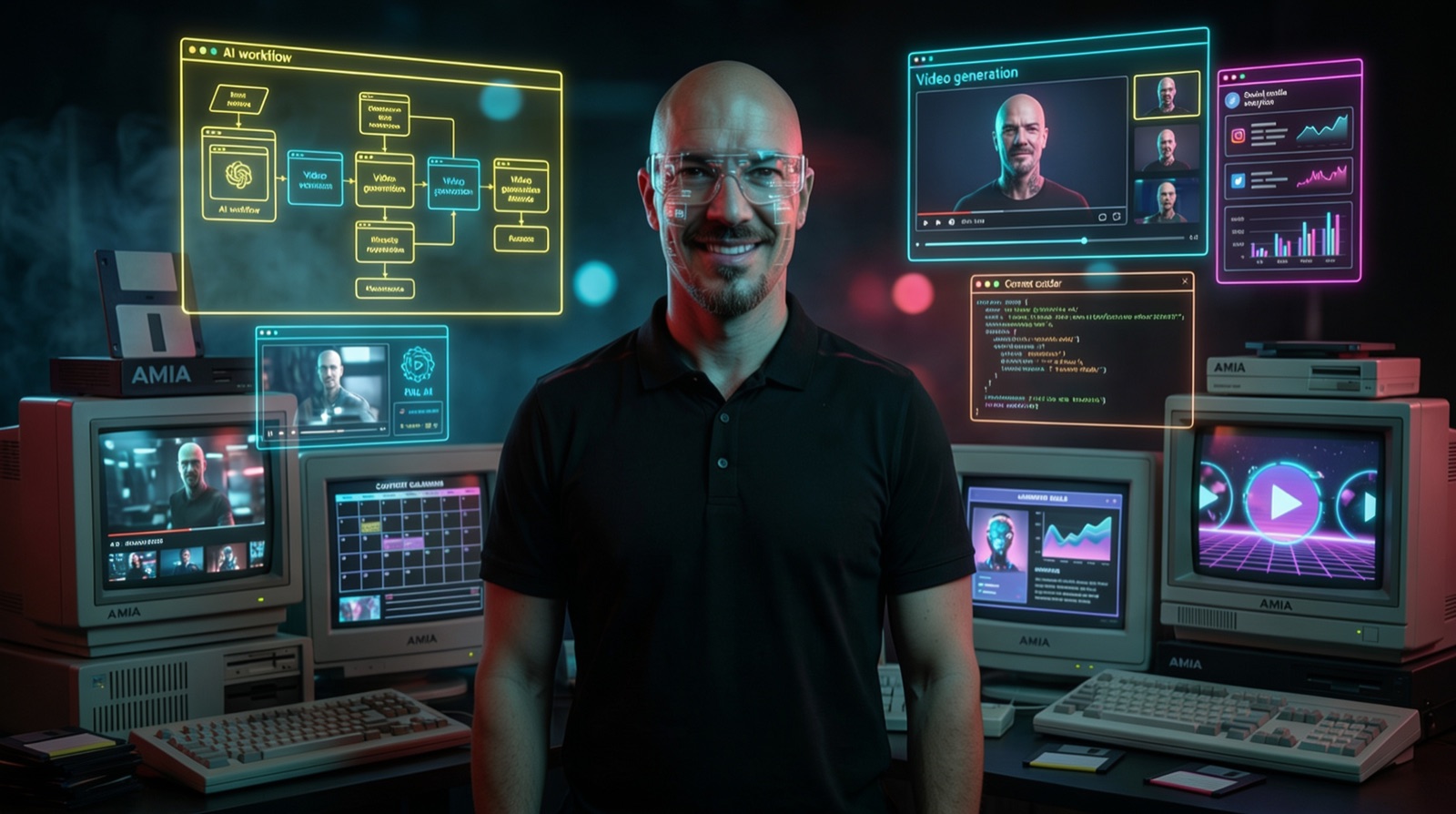 Cyberpunk creator studio with an operator at a multi-monitor console