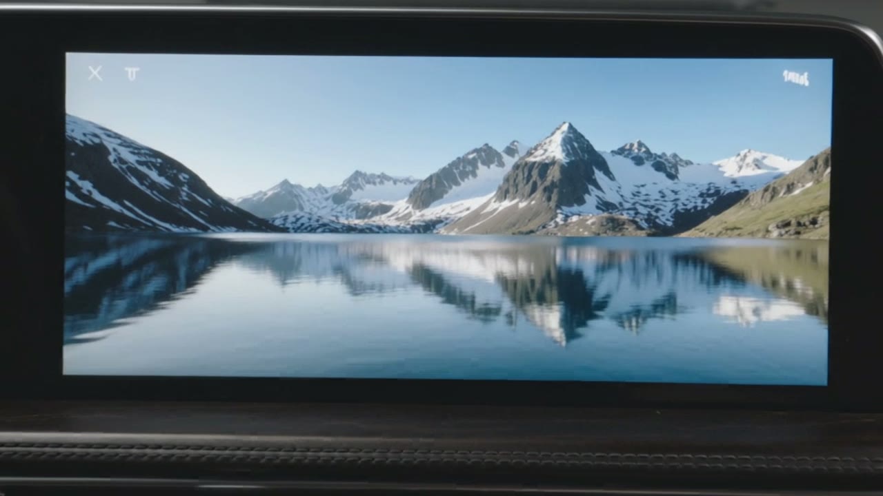 KI-generiertes Bild: breites Infotainment-Display im Armaturenbrett eines geparkten Autos zeigt einen Bergsee