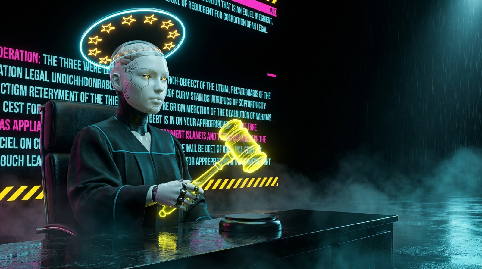 Cyberpunk android as an AI judge with an EU-star halo and neon gavel — visual metaphor for the EU AI Act