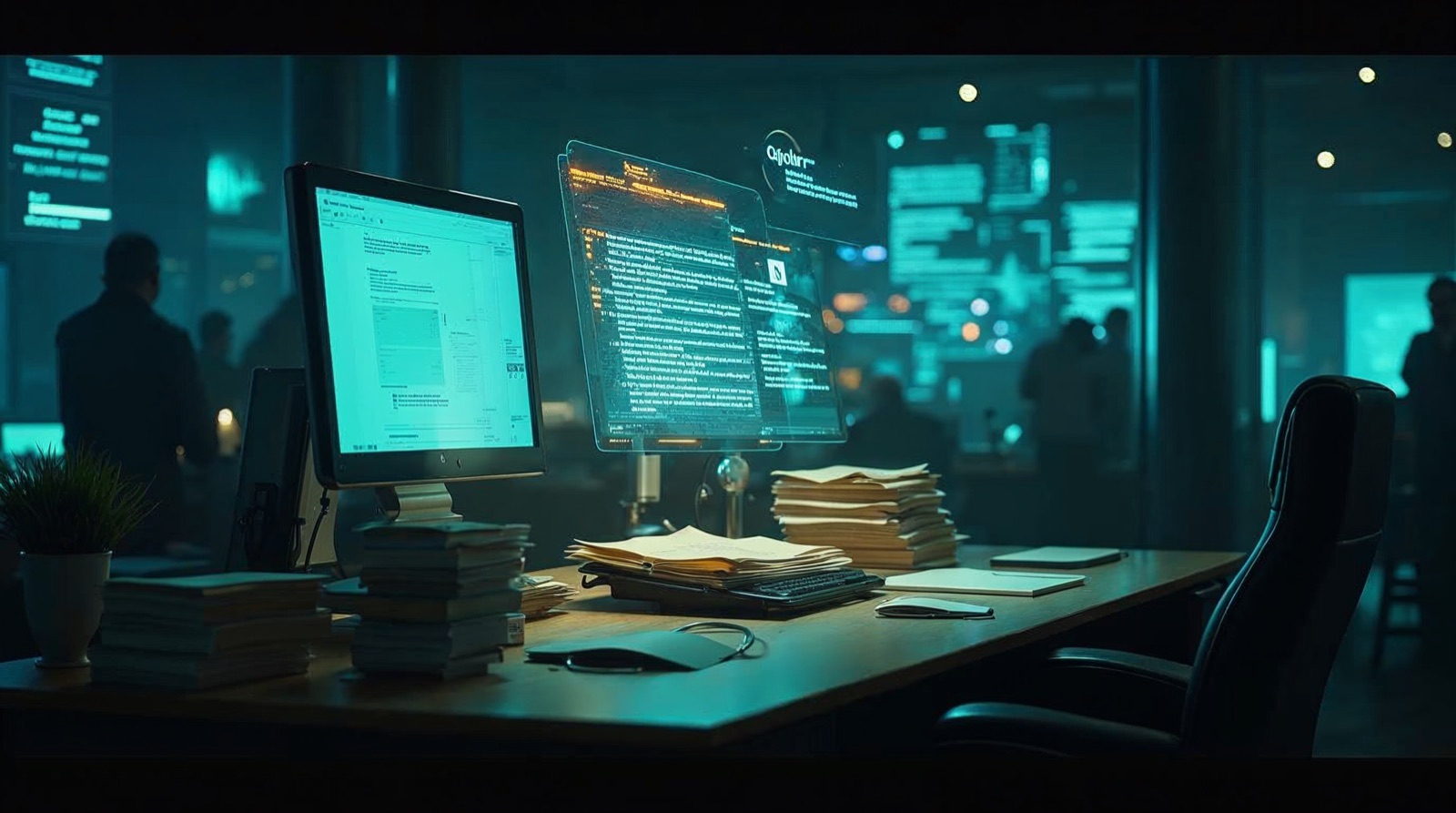A dark legal back office with stacks of paper files, a monitor showing documents, and holographic AI processing panels above the desk — visual metaphor for AI as legal back office