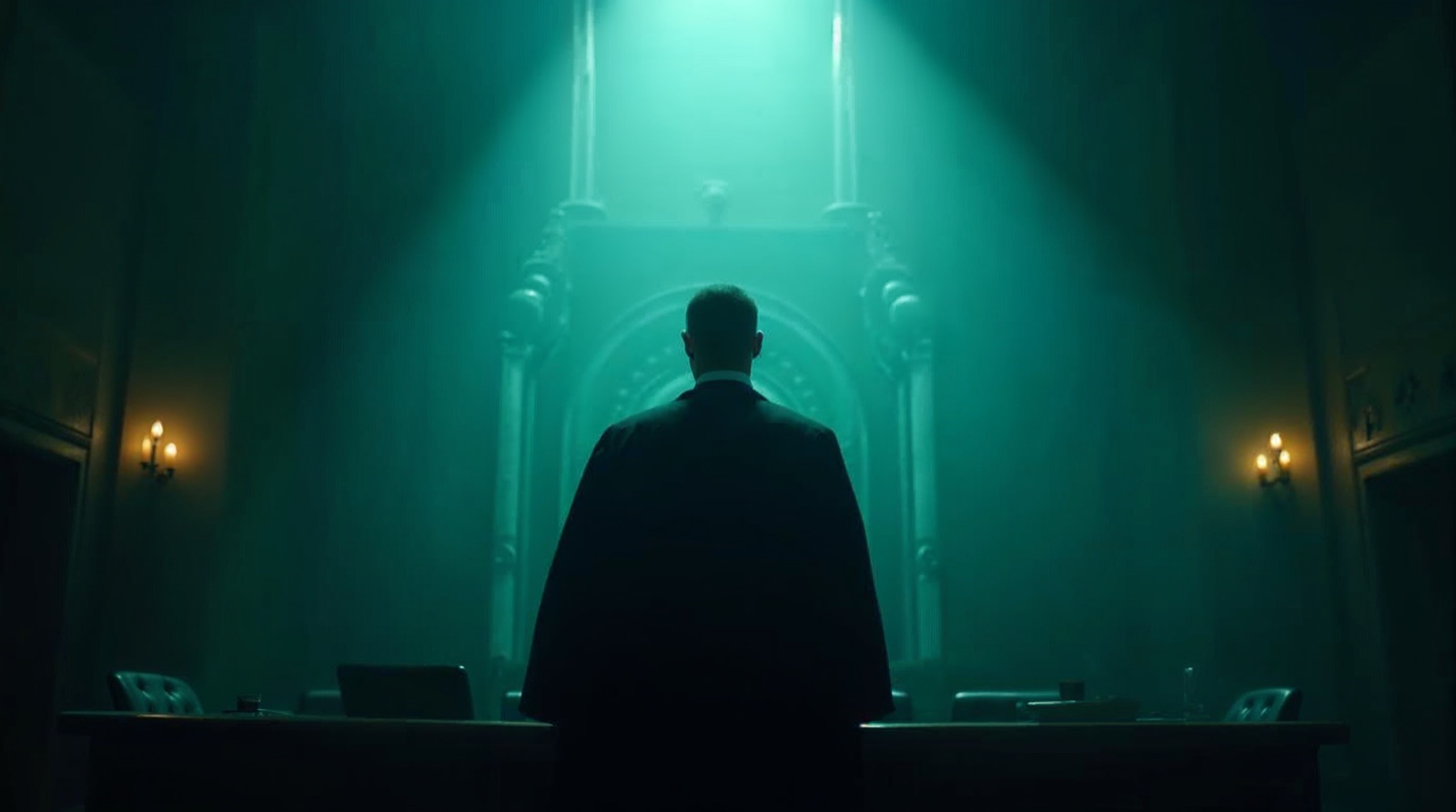 A silhouette of a human barrister in robes seen from behind, alone before a glowing judge's bench in a high courtroom — visual metaphor for the fact that a human, not the AI, did the advocacy
