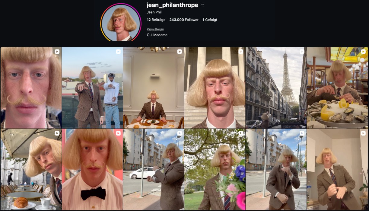 Screenshot des Instagram-Profils jean_philanthrope: 243.000 Follower, 12 Beiträge, Grid mit Szenen des KI-Charakters mit blondem Bob und Schnurrbart in Paris
