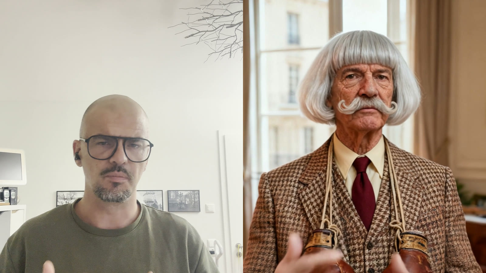 Split-Bild: links Alex G. im Original-Handyvideo, rechts dieselbe Aufnahme als KI-Figur Jean Phil Senior