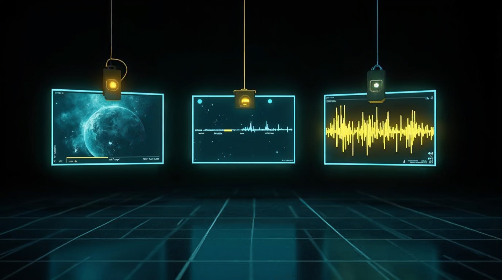 Drei schwebende Hologramm-Panels in einem dunklen Studio: links ein Foto, in der Mitte eine Video-Timeline, rechts eine Audio-Wellenform — jedes trägt oben rechts einen leuchtenden gelben Kennzeichnungs-Chip