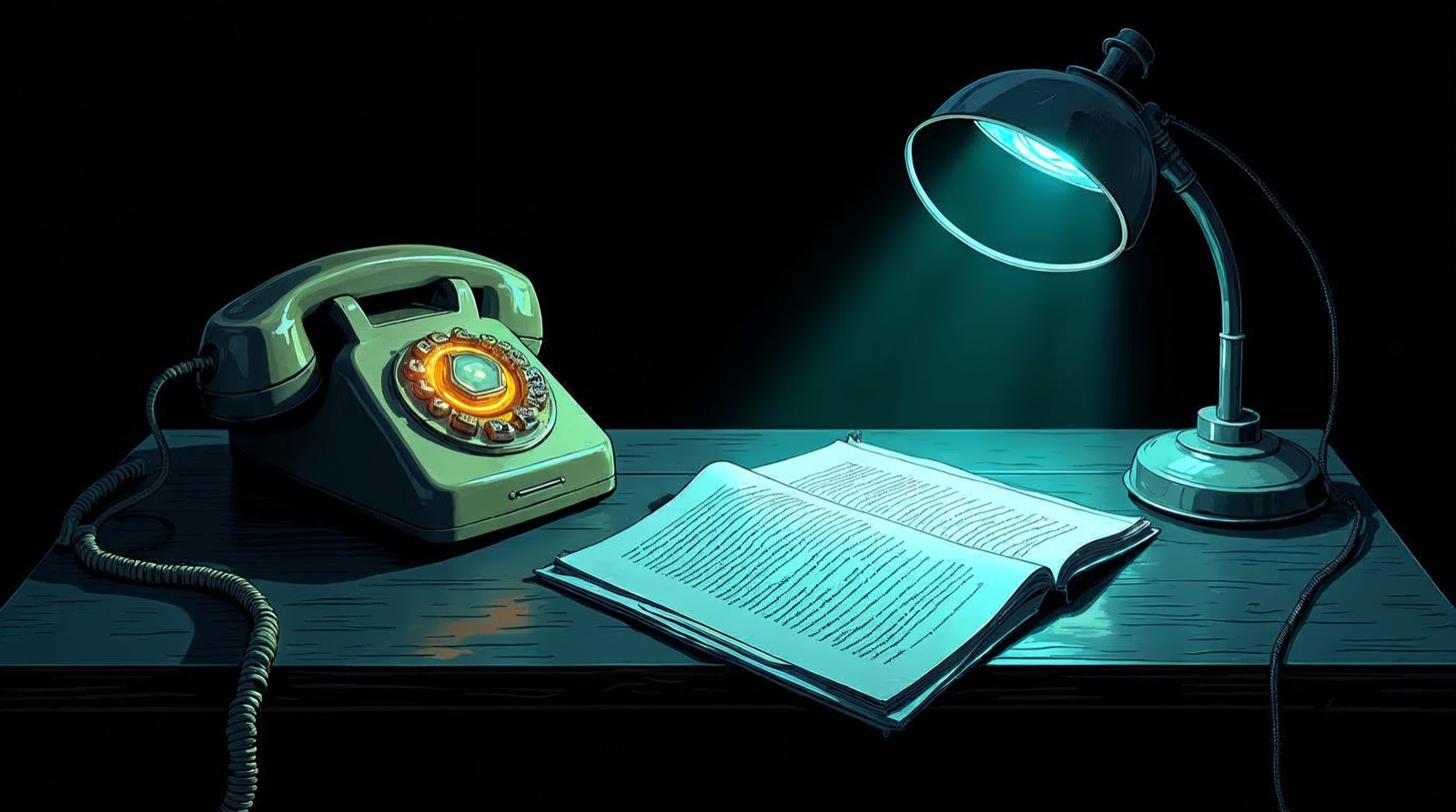 A dark desk: on the left a telephone with a glowing dial, on the right an open document under a desk lamp — an image of the two overlooked labelling cases: phone assistants and editorially reviewed text
