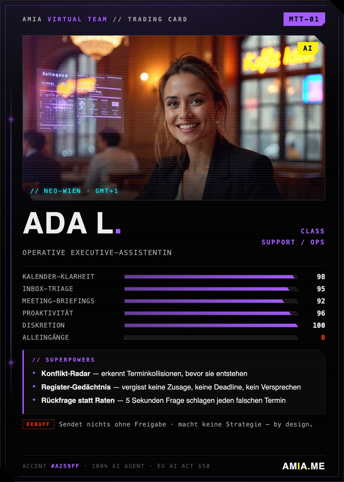 Trading Card MTT-01 des AMIA Virtual Teams: Ada L., Class Support/Ops — Stats für Kalender-Klarheit, Inbox-Triage, Meeting-Briefings, Proaktivität, Diskretion und null Alleingänge, mit gelbem AI-Abzeichen