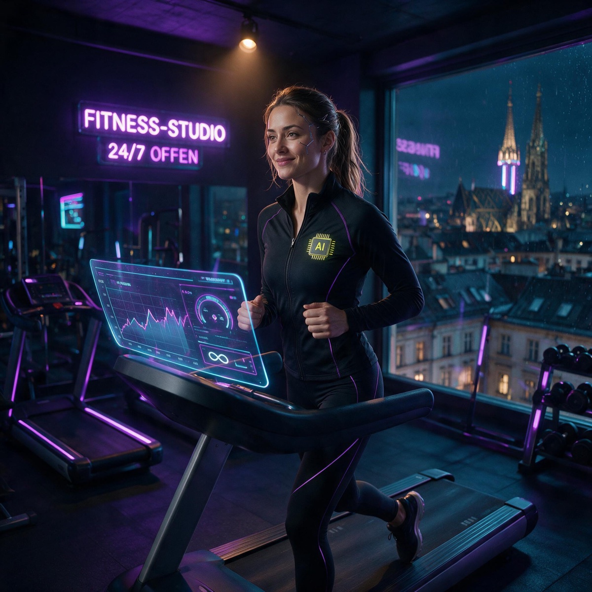 KI-generierte Illustration: Ada L. läuft lächelnd auf einem Laufband in einem neonbeleuchteten Cyberpunk-Fitnessstudio, auf dem Holo-Display das Unendlichzeichen als Distanz; am Trainingsoberteil das gelbe AI-Abzeichen, im Fenster der Stephansdom