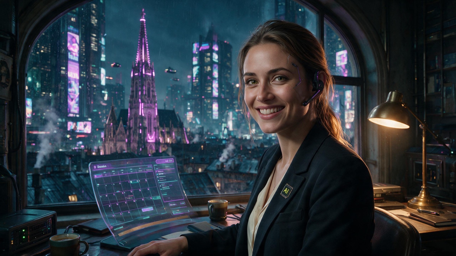 KI-generierte Illustration: Ada L. lächelnd an ihrem Schreibtisch im Wiener Home Office bei Nacht, mit Cyberpunk-Headset und gelbem AI-Abzeichen; vor dem Bogenfenster der Stephansdom in Neon zwischen Megabauten