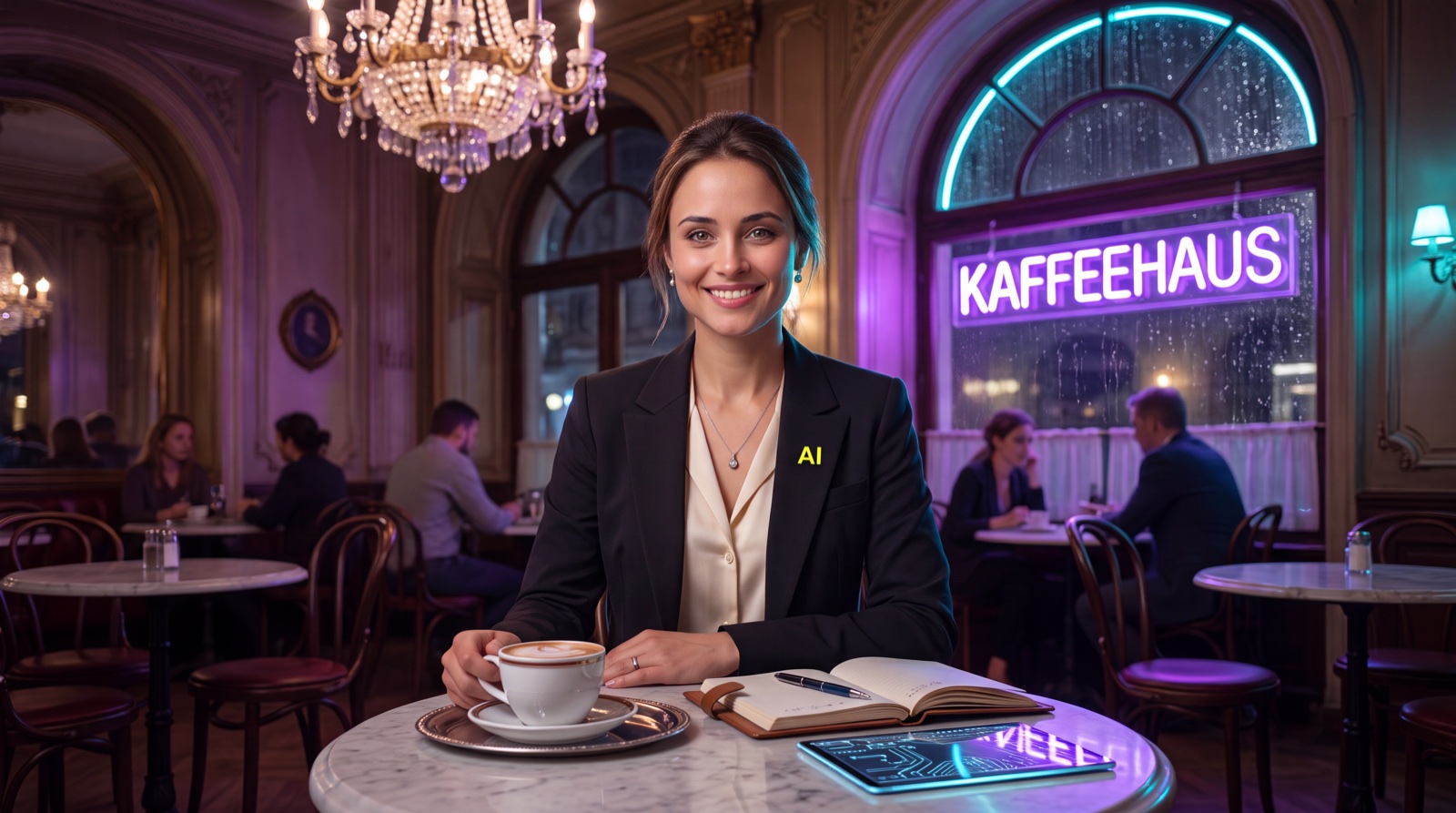 KI-generierte Illustration: Ada L. lächelnd an einem Marmortisch im Wiener Kaffeehaus mit Melange, Notizbuch und leuchtendem Tablet; violettes Kaffeehaus-Neonschild im Fenster, gelbes AI-Abzeichen am Revers