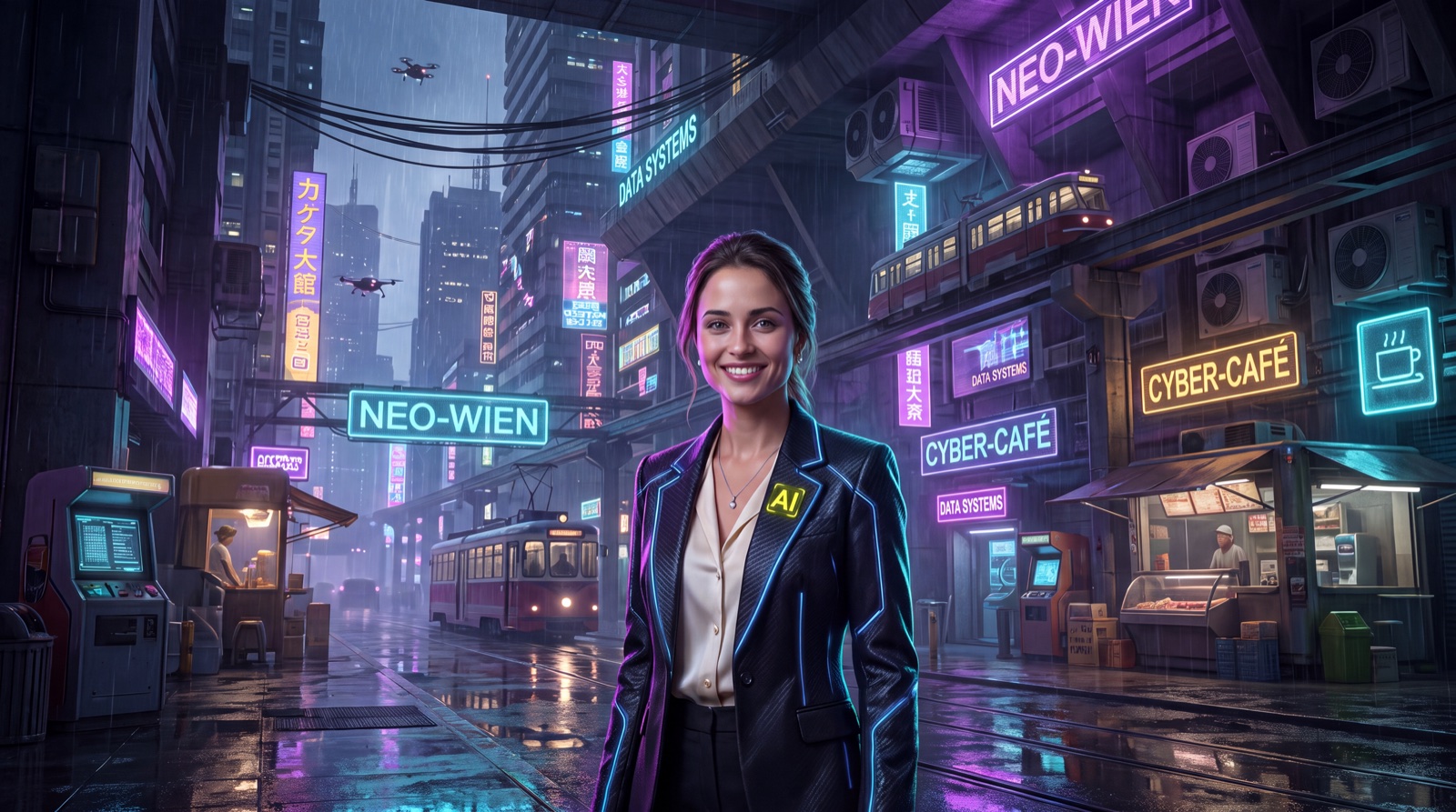 KI-generierte Illustration: Ada L. lächelnd auf einer regennassen Neonstraße in Neo-Wien mit Straßenbahn, Hochbahn und Leuchtreklamen wie Neo-Wien und Cyber-Café; gelbes AI-Abzeichen am Revers