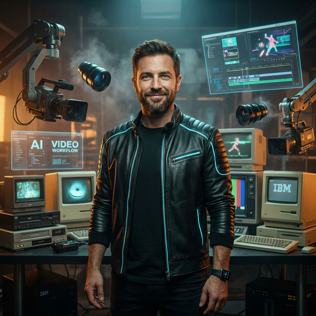 Mike F., Head of Video & Animation at AMIA — portrait in a cyberpunk video studio with retro computers, floating cameras and a holographic AI video workflow panel