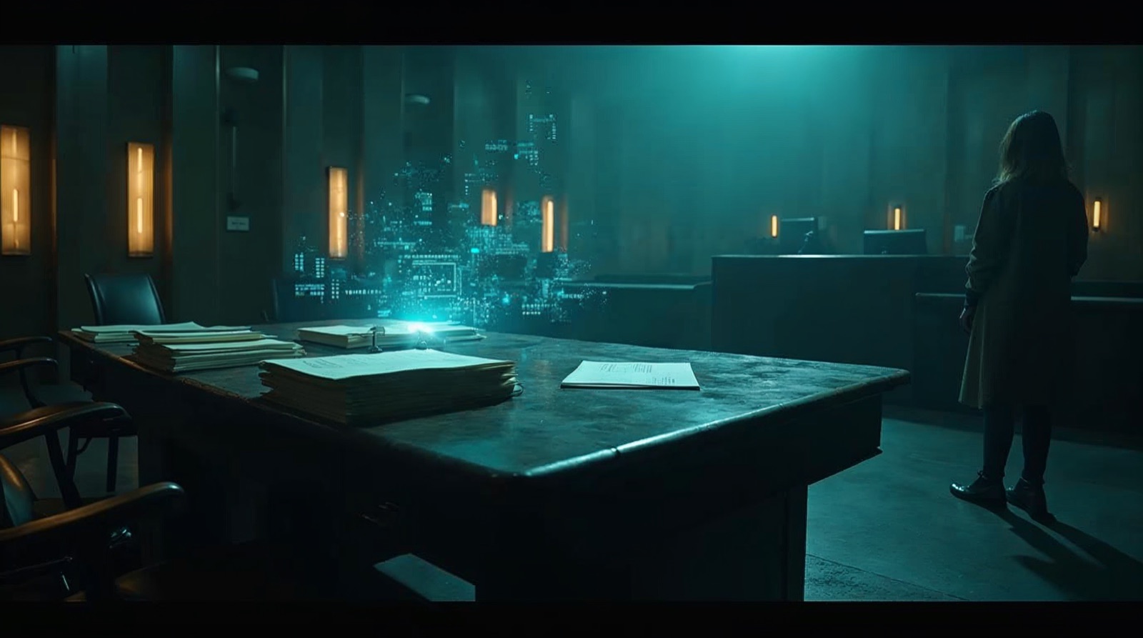 Empty defence table with stacks of legal paperwork and a holographic data cloud in a dark cyberpunk courtroom
