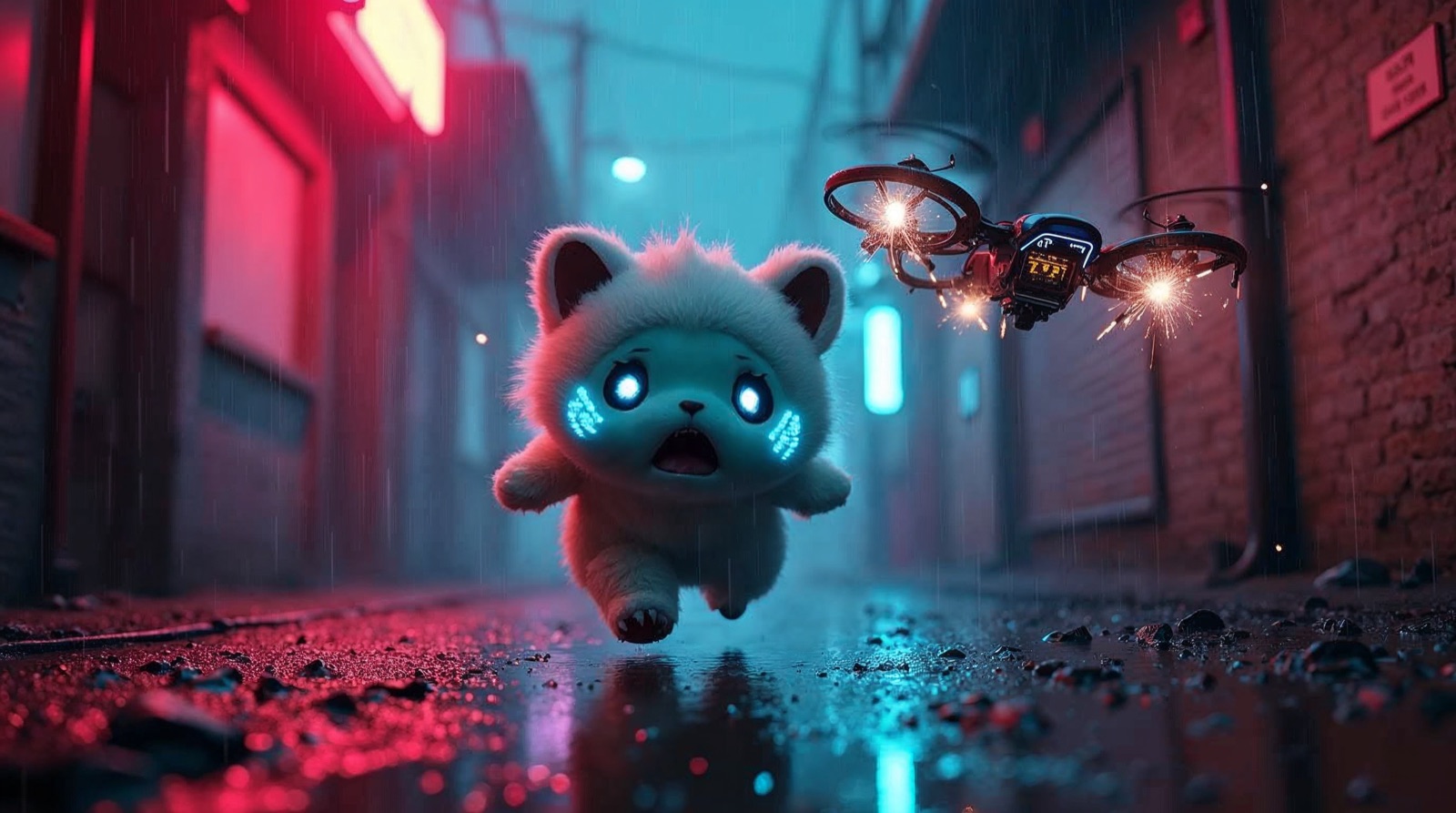 Small fluffy cyberpunk creature flees a hunter drone in a rainy neon alley