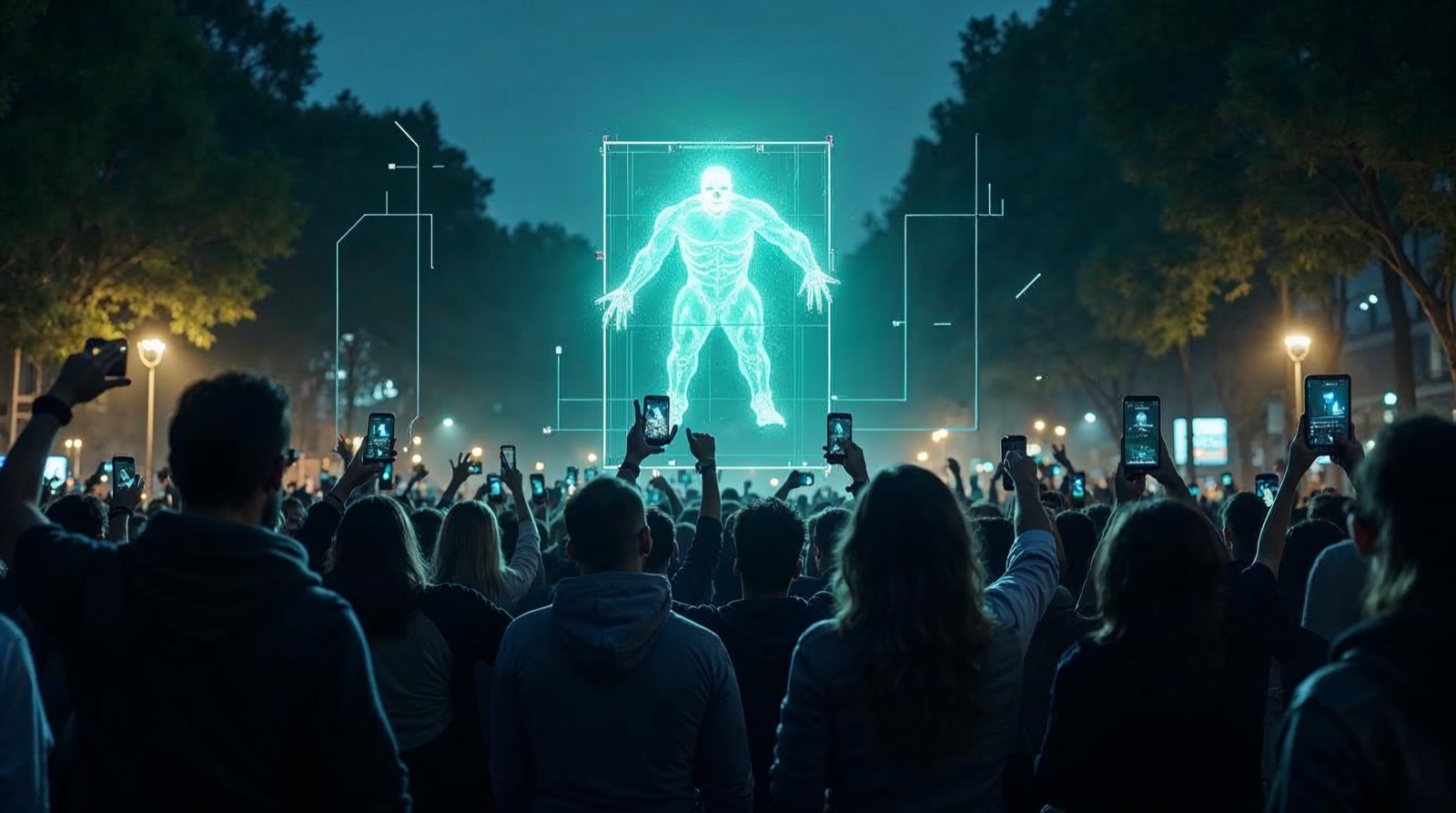 Menschenmenge hält Smartphones in die Höhe und scannt eine leuchtende Augmented-Reality-Kreatur in einem Park bei Nacht