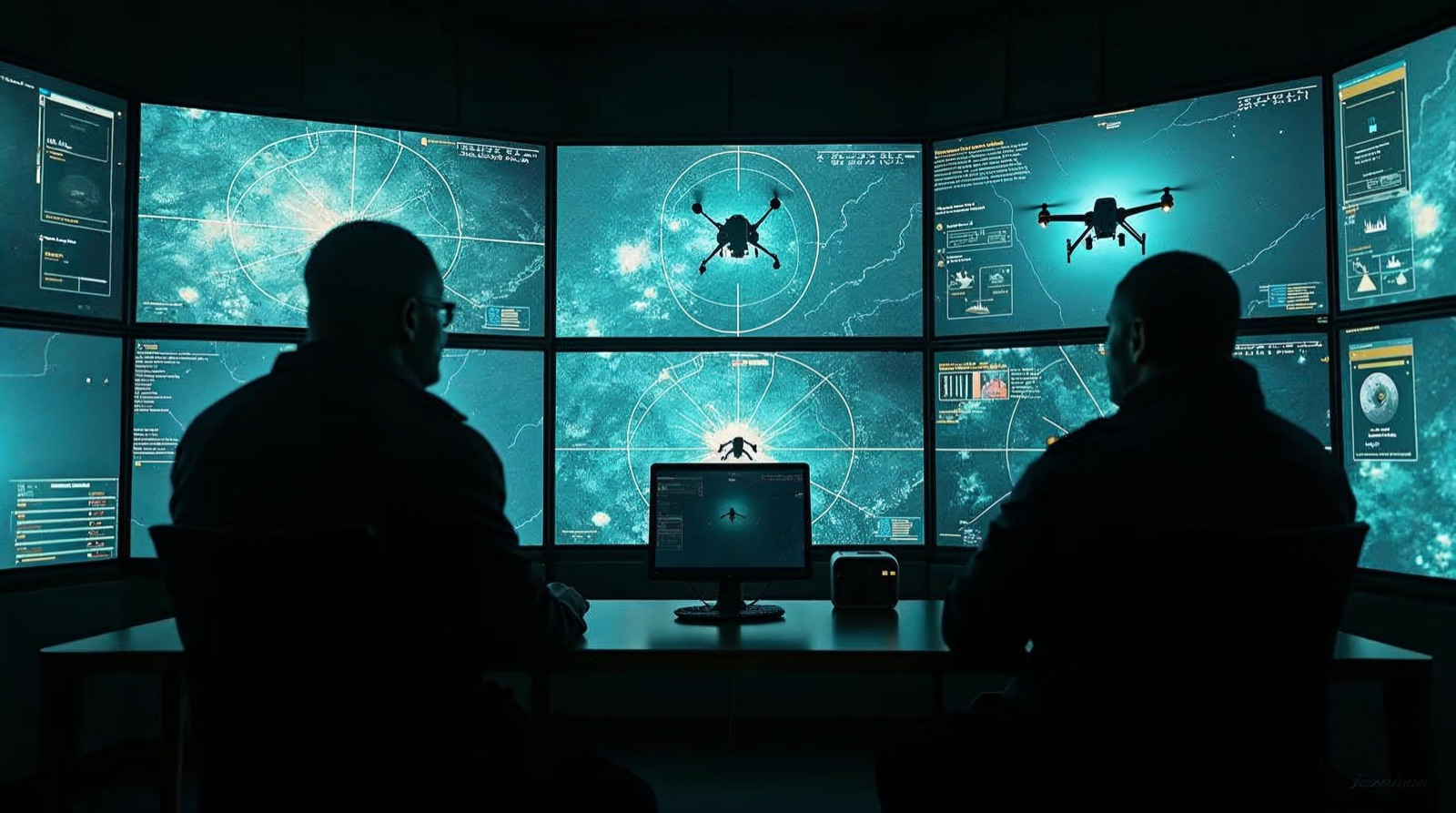 Soldaten-Silhouetten in einem dunklen Kontrollraum vor einer Wand aus Bildschirmen mit Drohnen-Kamerafeeds, Zielkreuzen und 3D-Geländekarten