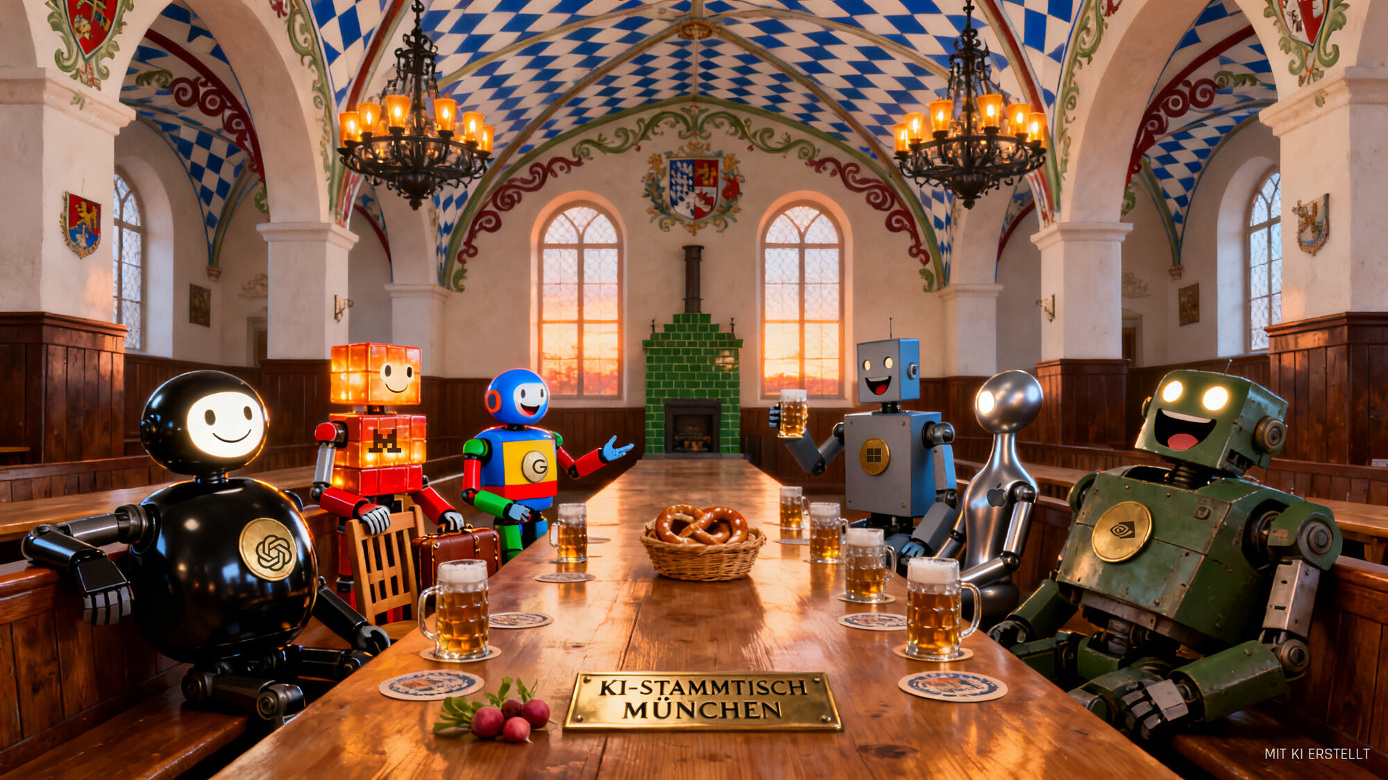 Sechs freundliche Roboter-Maskottchen sitzen lachend an einer langen Wirtstafel in einer Münchner Bierhalle mit bemaltem Rautengewölbe und Schmiedeeisen-Lüstern. Auf dem Tisch ein Messingschild mit der Gravur KI-STAMMTISCH MÜNCHEN, Maßkrüge und eine Brezn; ein Roboter aus glühenden Würfeln kommt gerade mit Reisekoffer an einem herangezogenen Stuhl an