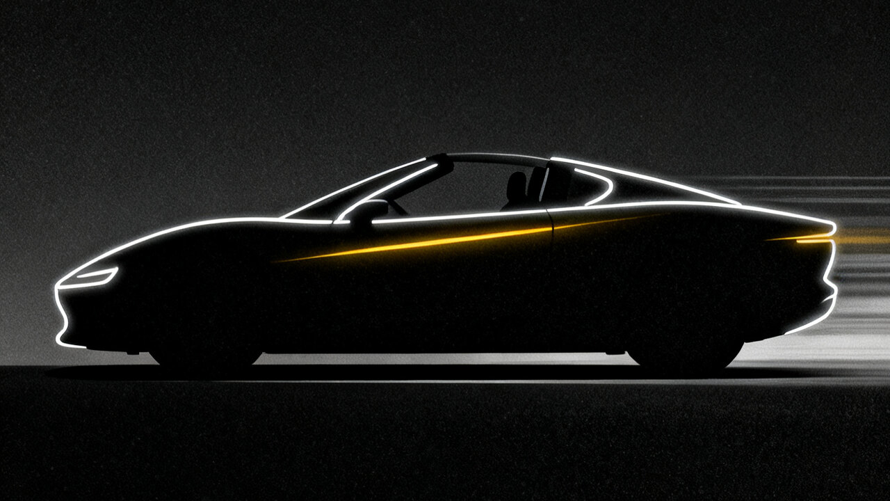 AI-generated illustration: abstract silhouette of a low roadster drawn in white light lines with a yellow light streak on a dark background